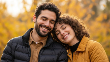 A smiling couple leaning on each other in a park during autumn, surrounded by golden foliage.の素材