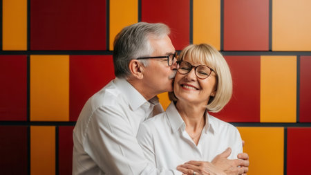 A loving elderly couple shares a sweet kiss against a vibrant, geometric background, embodying enduring romance and companionship.の素材
