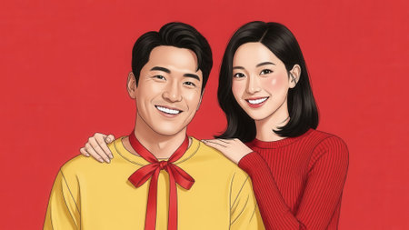 A joyful Asian couple, a man and a woman, are depicted in a close-up portrait against a vibrant red backdrop. They are both smiling warmly, with the womans arm resting on the mans shoulder, conveying a sense of togetherness and affection.の素材