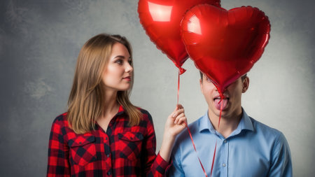A young couple poses with red heart-shaped balloons against a textured gray background. The woman holds the balloons, looking at the man who is partially obscured by them.の素材