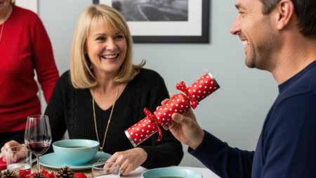 A happy family exchanging Christmas crackers during a festive meal.の素材