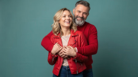 A joyful middle-aged couple, both wearing red, share a warm embrace and genuine smiles. The woman has blonde hair and the man has a beard.の素材