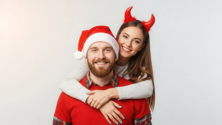 A joyful couple embraces, one wearing a Santa hat and the other devil horns, embodying a playful holiday spirit.の素材
