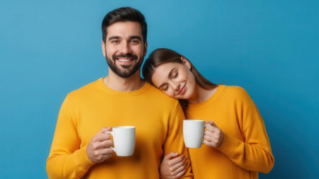 A smiling man and a relaxed woman holding coffee mugs, both wearing yellow sweaters against a vibrant blue backdrop.の素材