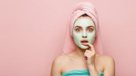 A young woman with a green face mask and a pink towel on her head looks surprised, with her finger to her lips.の素材