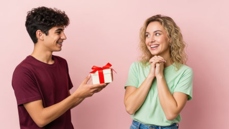 A young man in a maroon t-shirt presents a small gift box with a red ribbon to a smiling young woman in a teal t-shirt against a pink background.の素材
