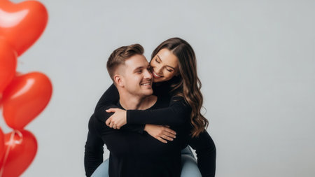 A happy young couple shares a tender moment, with the man giving the woman a piggyback ride. Red heart-shaped balloons add a festive and romantic touch to the scene.の素材