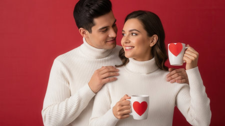 A young, attractive couple shares a tender moment, both wearing white turtlenecks and holding mugs adorned with red hearts, against a vibrant red background.の素材