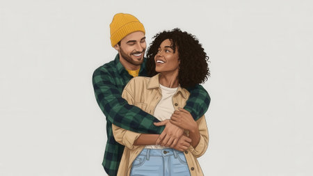 A joyful mixed-race couple shares a tender moment, embracing and looking at each other with affection against a neutral background.の素材