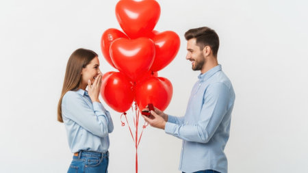 A man proposes to a surprised woman with a ring and red heart-shaped balloons.の素材