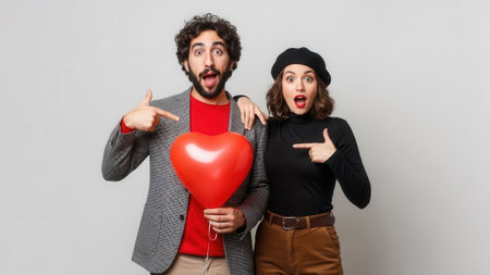 A man and woman with shocked expressions point at themselves while holding a red heart-shaped balloon.の素材