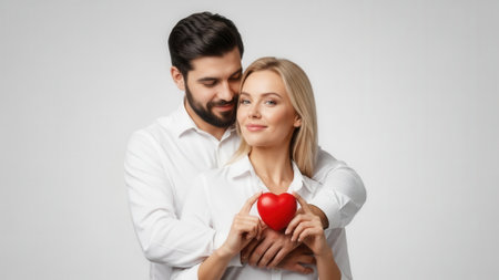 A man and woman in white shirts embrace, holding a red heart, conveying affection and romantic connection.の素材