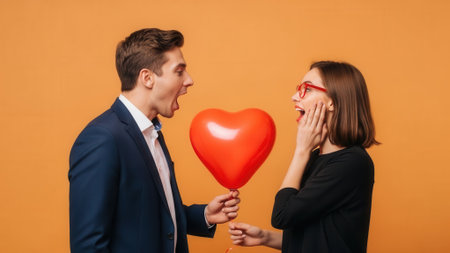A young man in a suit presents a red heart balloon to a surprised woman with glasses, both with mouths open in astonishment against an orange background.の素材