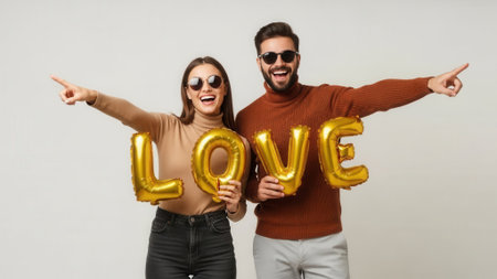 A joyful couple wearing sunglasses and casual outfits, holding large golden balloons spelling out LOVE and pointing in opposite directions against a neutral background.の素材