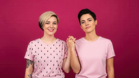 Two young women with short hair, dressed in pink, holding hands and smiling at the camera. They are standing against a solid pink backdrop.の素材