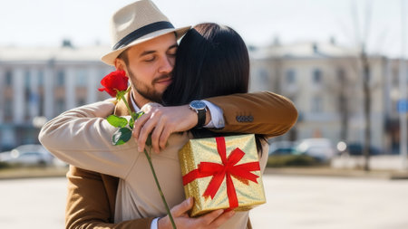 A man in a hat embraces a woman, holding a red rose and a gift box with a red ribbon.の素材
