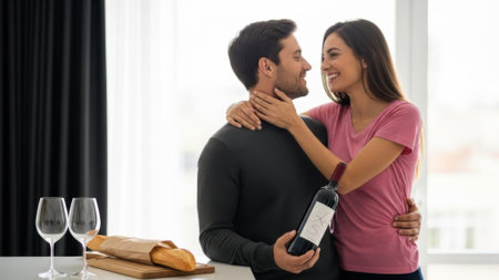 A man and woman share an intimate moment, holding a bottle of wine and a baguette, with wine glasses nearby.の素材