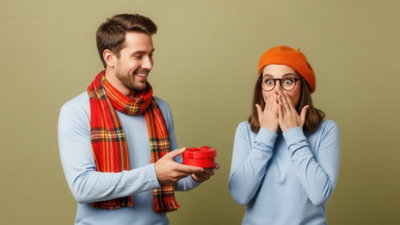 A man in a scarf and sweater hands a red gift box to a surprised woman in a hat and glasses.の素材