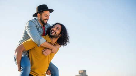 A joyful moment between two men, one giving the other a piggyback ride, both laughing against a clear blue sky.の素材