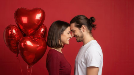 A loving couple shares an intimate moment, foreheads touching, surrounded by festive red heart-shaped balloons, celebrating romance and affection.の素材
