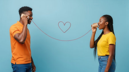 A young Black couple stands apart, each holding a tin can to their ear, connected by a string with a drawn heart. They are communicating in a playful, retro style.の素材