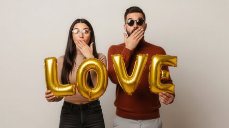 A surprised couple holds up golden balloons spelling out the word LOVE, covering their mouths in shock.の素材