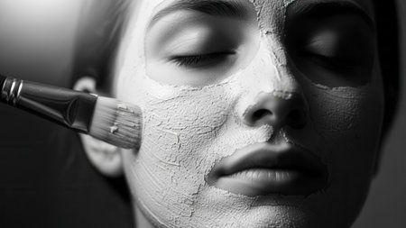A black and white close-up shot shows a womans face with her eyes closed as a brush applies a creamy mask to her cheek.の素材