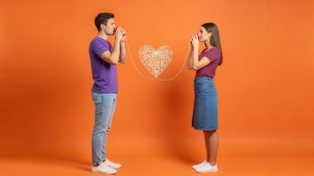 A man and woman stand facing each other, holding cups, with a heart-shaped thought bubble connecting them, symbolizing love and communication.の素材