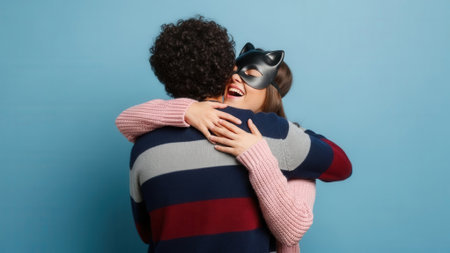 A couple embraces warmly, the woman playfully wearing a black cat mask, against a vibrant blue background.の素材
