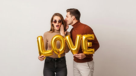 A man whispers a secret into a womans ear while she holds golden LOVE balloons, expressing surprise and excitement.の素材