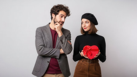 A man and woman stand against a plain background, the woman holds a red heart-shaped gift box.の素材
