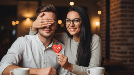 A woman surprises her partner with a heart lollipop during a cozy coffee date, symbolizing love and affection.の素材