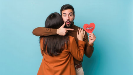 A surprised couple hugging, the man points to his mouth holding a red heart shape with lips.の素材