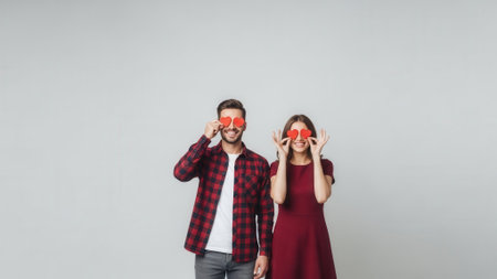 A happy couple stands close together, playfully holding red heart-shaped glasses over their eyes against a plain grey background.の素材