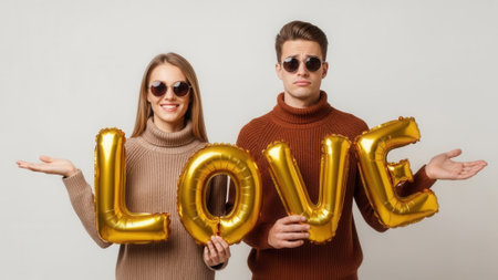 A happy couple poses with golden LOVE balloons, both wearing sunglasses and stylish turtlenecks, against a plain background.の素材