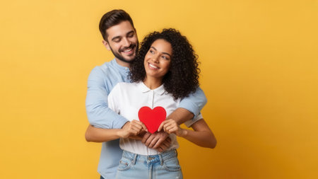 A joyful mixed-race couple shares a tender moment, embracing and holding a red heart, symbolizing their deep love and connection.の素材