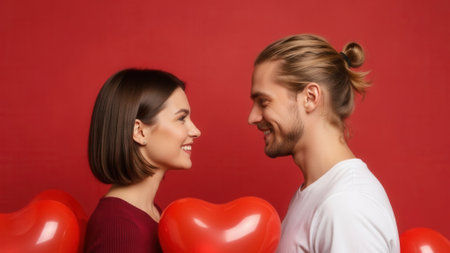 A happy couple gazes into each others eyes, surrounded by red heart balloons, symbolizing love and romance.の素材