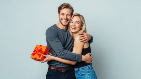 A joyful couple shares a warm embrace, the man holding a bright orange gift box, celebrating a special moment together.の素材