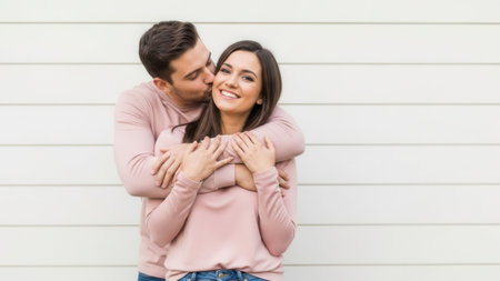 A man kisses his smiling girlfriend on the cheek while hugging her from behind. They are both wearing pink sweaters.の素材