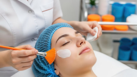 A woman in a blue hairnet receives a facial treatment with a brush applying cream to her cheek in a spa setting.の素材