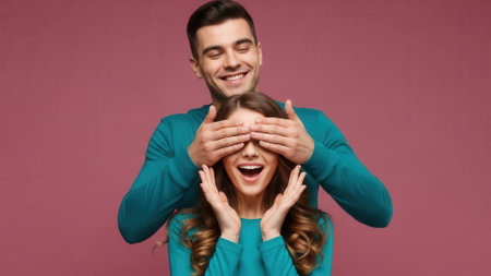 A man playfully covers a womans eyes from behind, both smiling, against a pink background.の素材