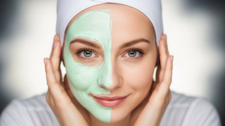 Close-up portrait of a woman with a green clay mask applied to half of her face, showcasing a skincare and beauty treatment.の素材