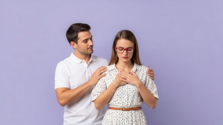 A man gently places his hands on a womans shoulders and chest, offering comfort and support. The woman looks down with a somber expression.の素材