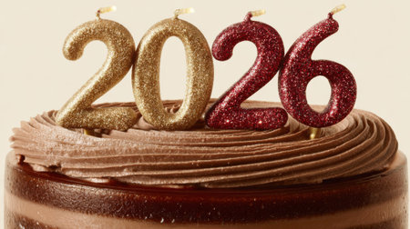 A close-up shot of a chocolate cake topped with candles shaped like the numbers 2026, perfect for New Year celebrations.の素材