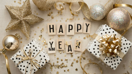 A festive New Years Eve scene featuring the words Happy New Year spelled out with scrabble tiles, surrounded by sparkling ornaments, gift boxes, and confetti.の素材
