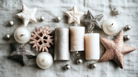 A collection of festive Christmas decorations including candles, stars, and a snowflake ornament, arranged on a textured surface.の素材