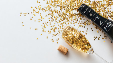 A festive scene with a champagne bottle and a glass overflowing with golden glitter, perfect for New Years Eve or any celebration.の素材