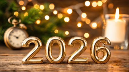 A festive scene with golden numbers spelling out 2026, illuminated by bokeh lights and a candle, with a vintage pocket watch in the background.の素材