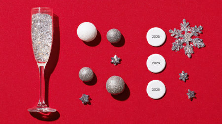 A sparkling champagne flute sits beside a collection of round ornaments, star-shaped embellishments, and a large snowflake on a vibrant red surface, evoking a festive holiday mood.の素材