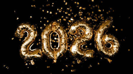 Shiny gold balloons spelling out the year 2026, scattered with golden confetti against a dark background.の素材